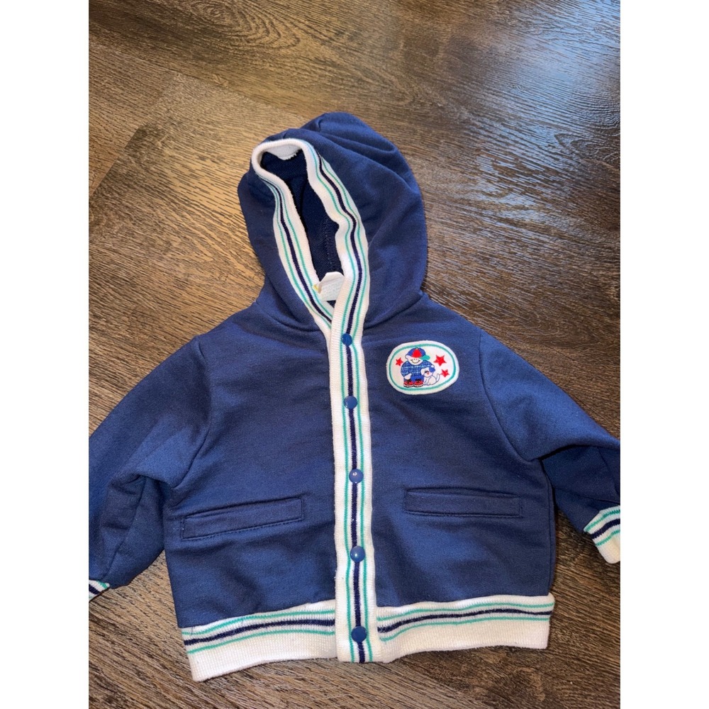 Vintage Navy Blue Hooded Varsity Jacket Snap Front Character Patch 3-6 Months